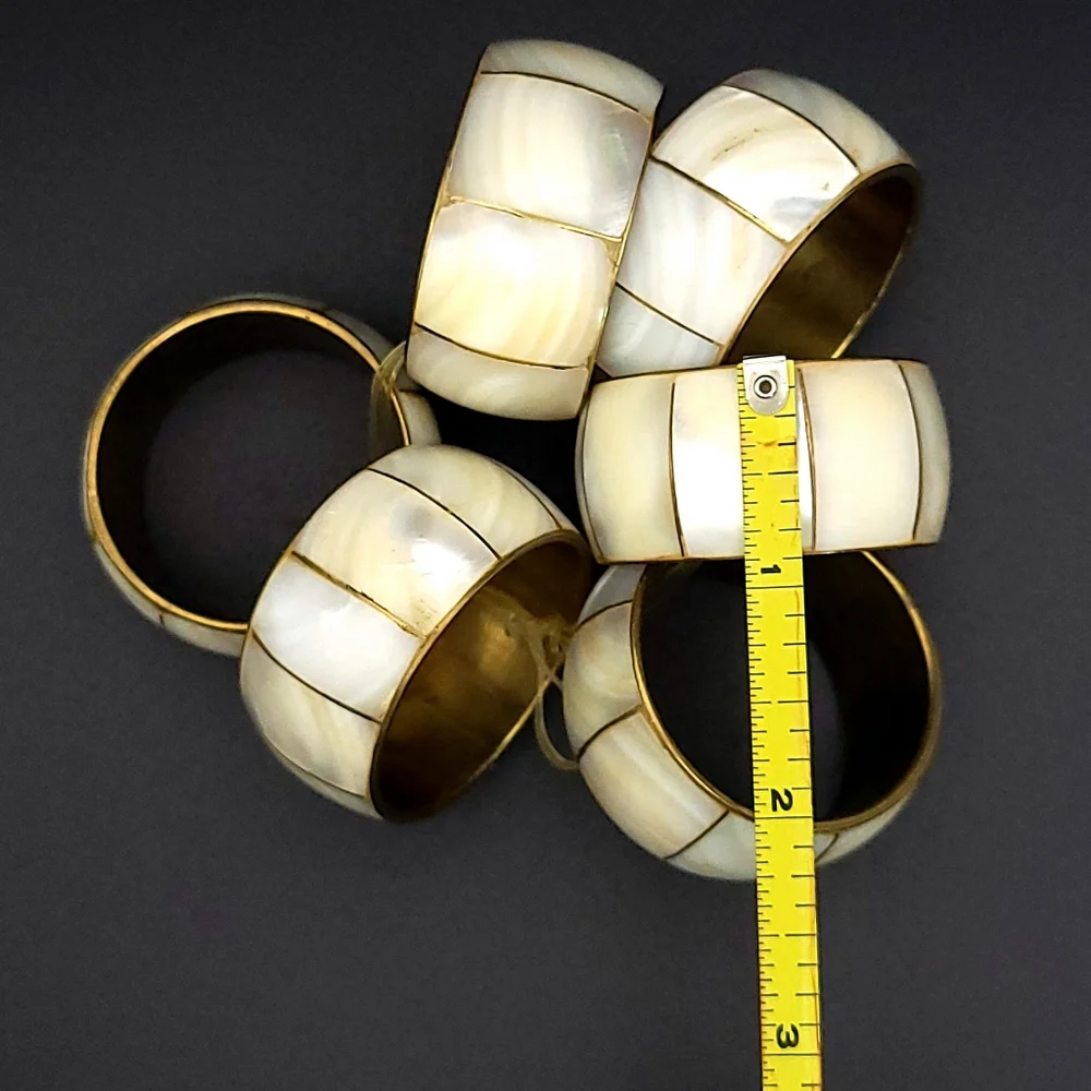 Vintage Brass Mother of Pearl Inlay Retro Dining Napkin Rings Set of 6 - Picture 6 of 6
